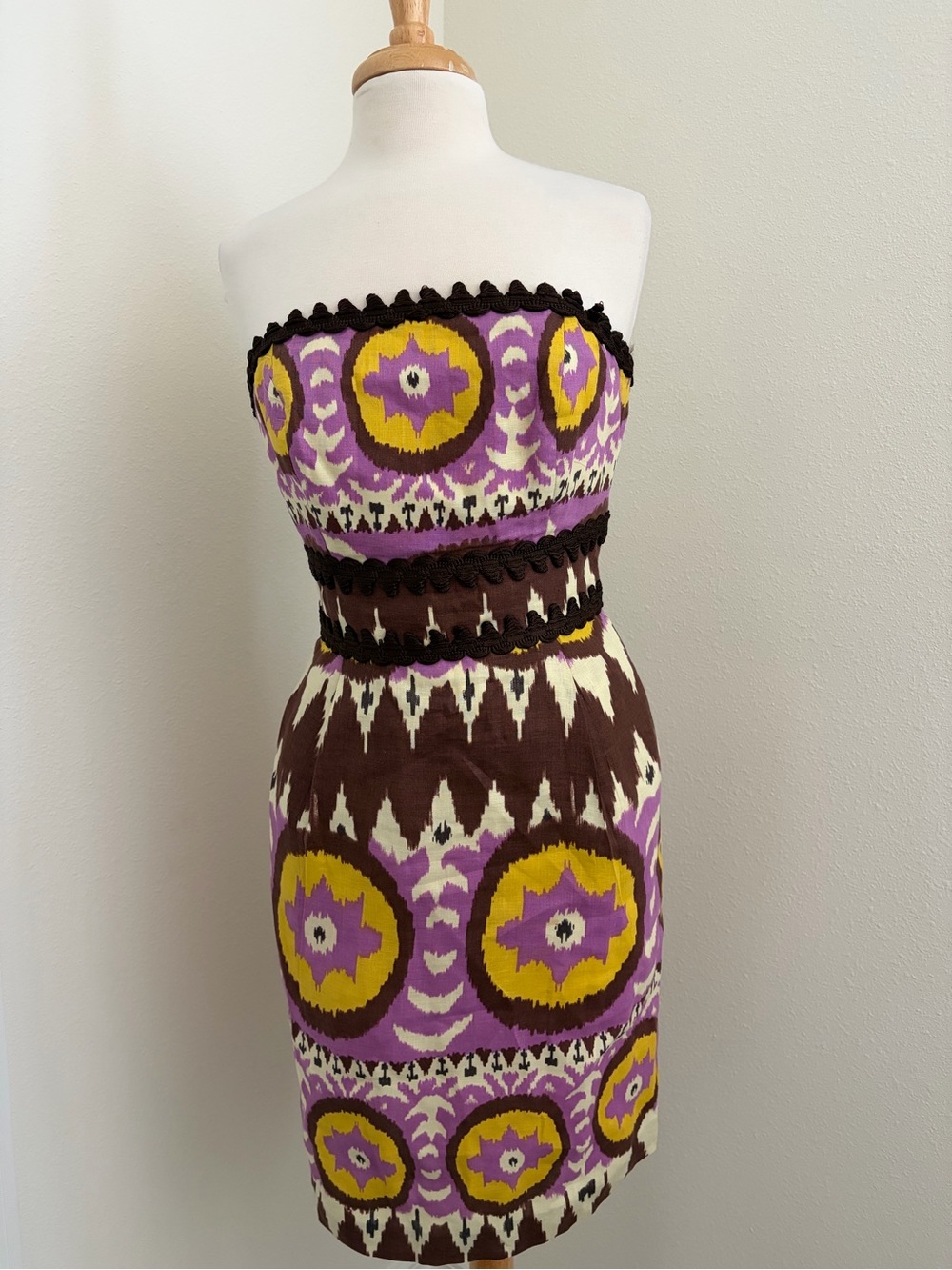 Milly Strapless Print Sheath Dress in Purple, Yellow & Brown